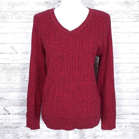 Karen Scott Sweaters - Karen Scott VNeck Cable Knit Sweater Marled Red Black A